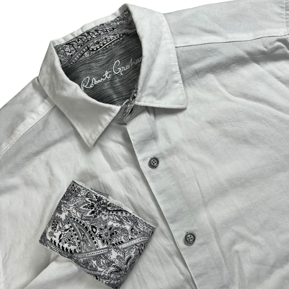 Robert Graham Mens L White Floral Embossed Long Sleeve Flip Cuff Button Up Shirt